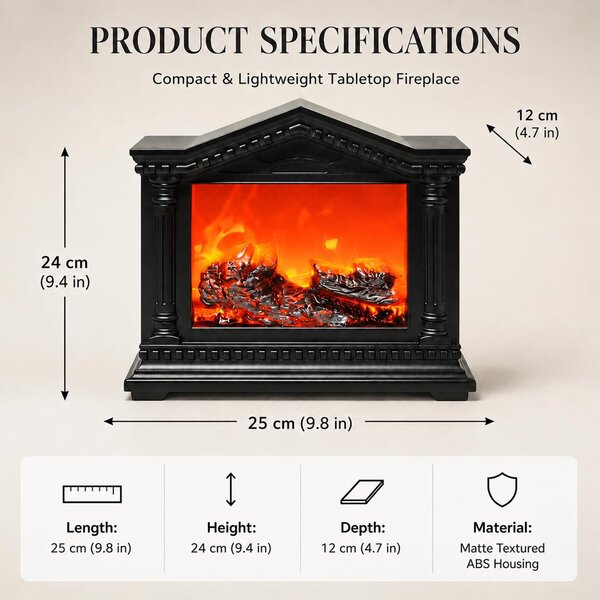 Elektrický krb s LED světlem – efekt plamene, napájení přes USB nebo baterie – rozměry 33x21x11 cm – vhodný pro použití v interiéru i exteriéru
