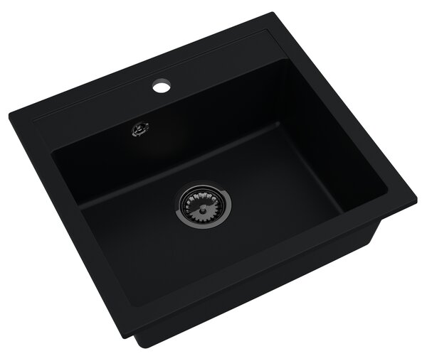 Sink Quality Ferrum, kuchyňský granitový dřez 565x510x205 mm + černý sifon, černá, SKQ-FER.C.1K60.XB