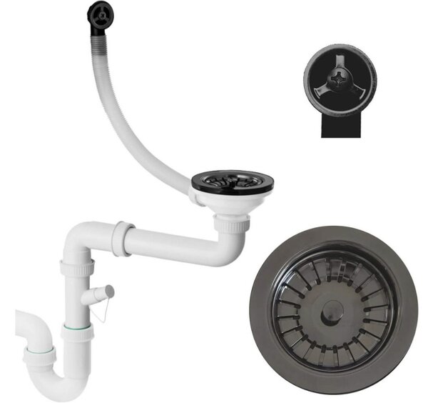 Sink Quality Crypton 60, kuchyňský granitový dřez 535x400x205 mm + černý sifon, bílá, SKQ-CRY.W.1KBO.60.XB