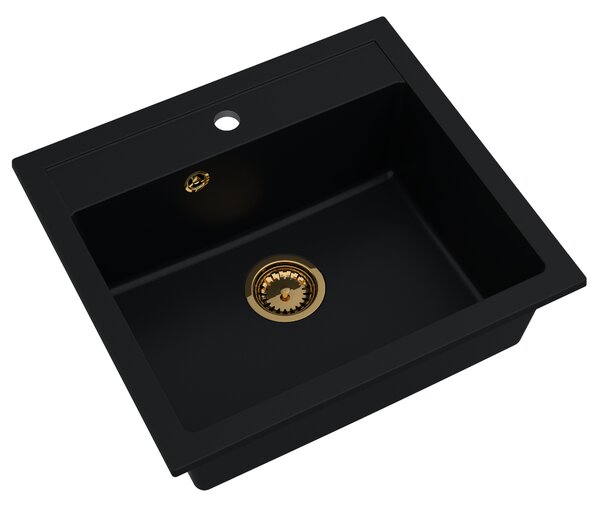 Sink Quality Ferrum, kuchyňský granitový dřez 565x510x205 mm + zlatý sifon, černá, SKQ-FER.C.1K60.XG