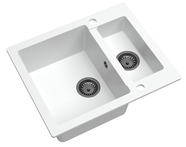 Sink Quality Ferrum, kuchyňský granitový dřez 605x495x210 mm + černý sifon, bílá, SKQ-FER.W.5KBO.XB