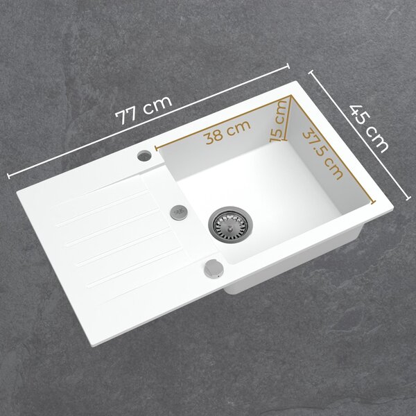 Sink Quality Natalie, kuchyňský granitový dřez 770x450x170 mm + chromový sifon, bílá, SKQ-NAT.W.1KDO.X