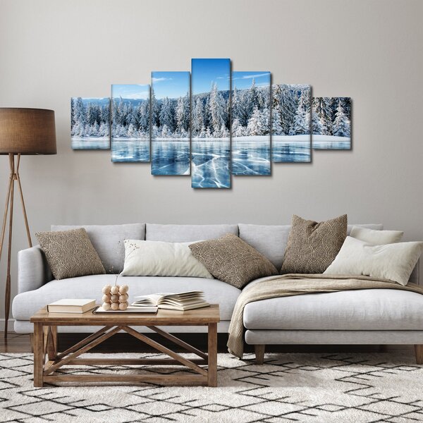 Obraz zamrzlého jezera a zasněžených stromů (210x100 cm)