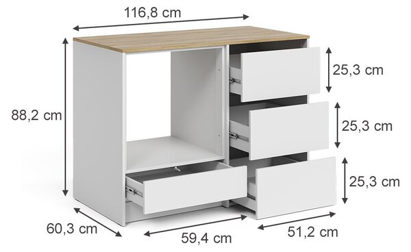 Skříňka na troubu Vicco Viktor Bílá/Řemeslný dub 116.8 cm se 4 praktickými zásuvkami, Model 62866