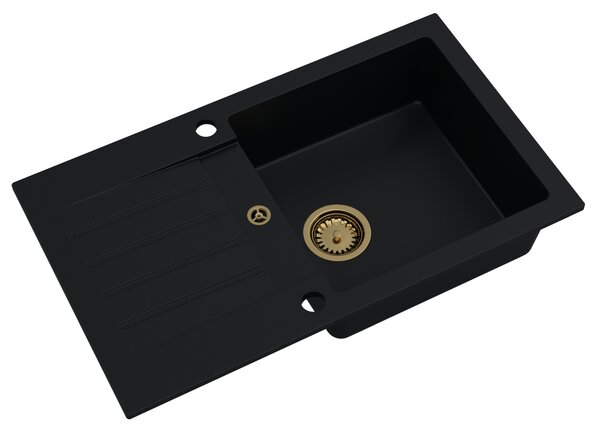 Sink Quality Natalie, kuchyňský granitový dřez 770x450x170 mm + zlatý sifon, černá, SKQ-NAT.C.1KDO.XG