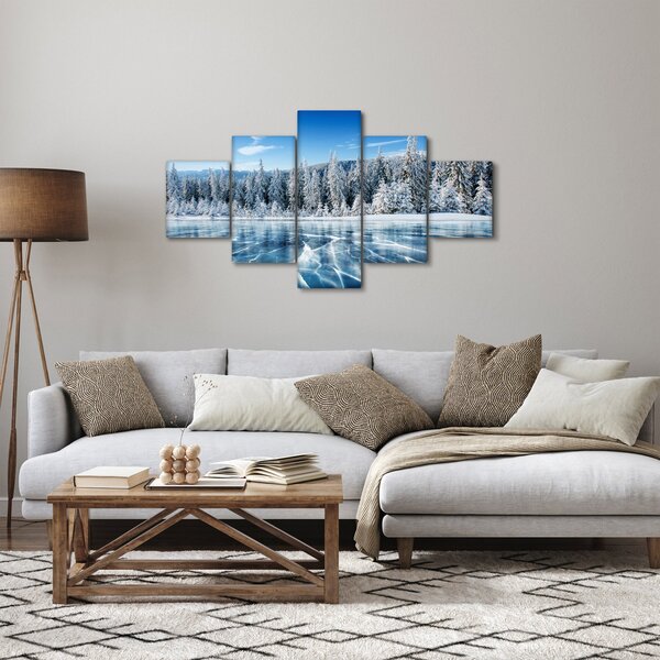 Obraz zamrzlého jezera a zasněžených stromů (125x70 cm)