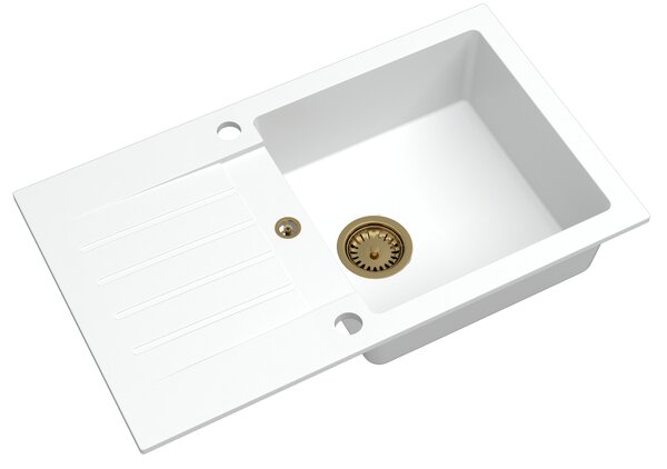 Sink Quality Natalie, kuchyňský granitový dřez 770x450x170 mm + zlatý sifon, bílá, SKQ-NAT.W.1KDO.XG