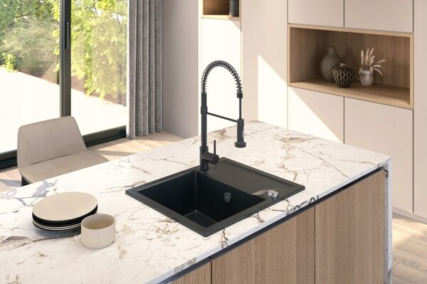 Sink Quality Obsidian, kuchyňský granitový dřez 590x500x210 mm + černý sifon, černá skvrnitá-Brocade, SKQ-OBS.B.1KKO.XB