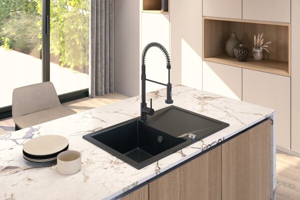 Sink Quality Obsidian, kuchyňský granitový dřez 790x500x210 mm + chromový sifon, černá, SKQ-OBS.C.1KDO.X