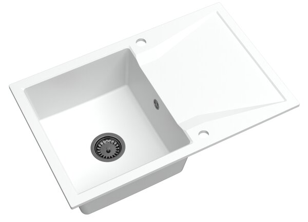 Sink Quality Obsidian, kuchyňský granitový dřez 790x500x210 mm + černý sifon, bílá, SKQ-OBS.W.1KDO.XB
