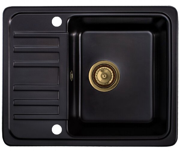Sink Quality Sapphire, granitový kuchyňský dřez 565x460x210 mm + zlatý sifon, 1-komorový, černá, SKQ-SAP.C.1KKO.XG