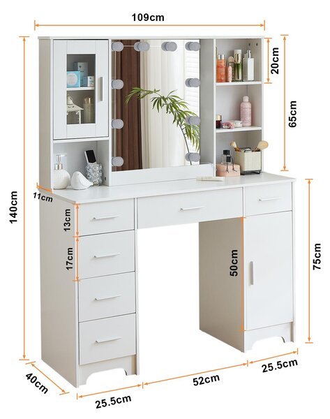 Kosmetický stolek s LED zrcadlem - bílý - dřevěný - moderní toaletní stolek - nábytek do ložnice