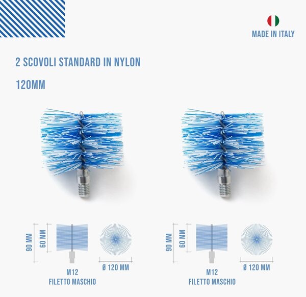 Čisticí kartáč na komín, určený pro peletové kamna, průměr kouřovodu 120 mm, nylon, závit M12