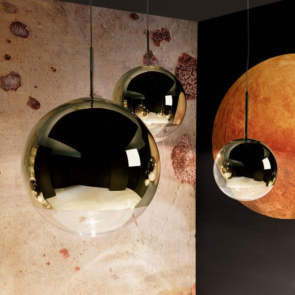 Závěsná svítidlo Tom Dixon, Mirror Ball, stmívatelné, Zlatá / mosazná, Obývací pokoj, Plast, Design