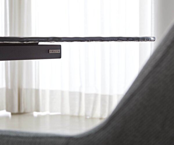 DELIFE Jídelní stůl Edge oválný 240x120 sklo s reliéfem kouřově černé 3D design křížová podnož obdélník černá