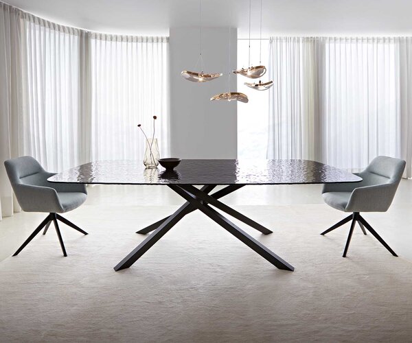 DELIFE Jídelní stůl Edge oválný 240x120 sklo s reliéfem kouřově černé 3D design křížová podnož obdélník černá