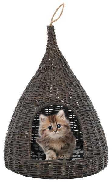 Domeček pro kočky s poduškou šedý 40 x 60 cm přírodní vrba týpí