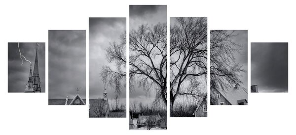 Obraz černobílé vesnice (210x100 cm)