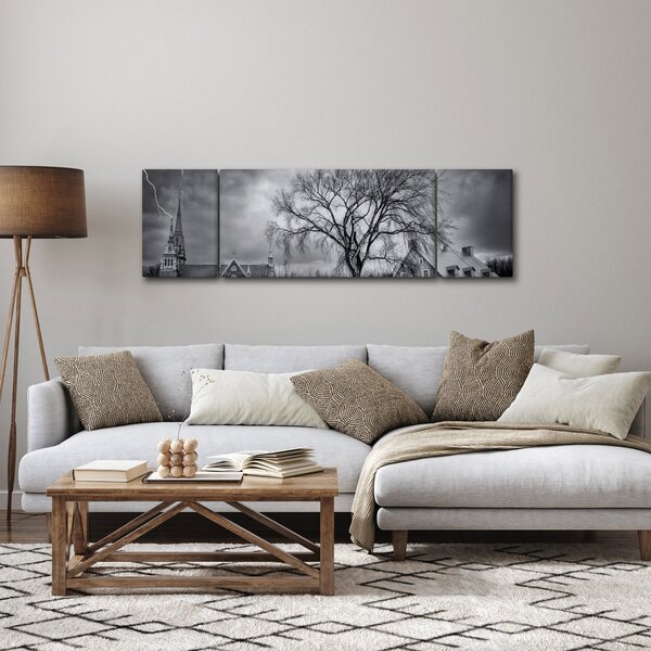 Obraz černobílé vesnice (170x50 cm)