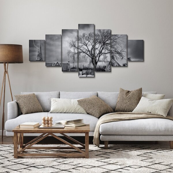Obraz černobílé vesnice (210x100 cm)