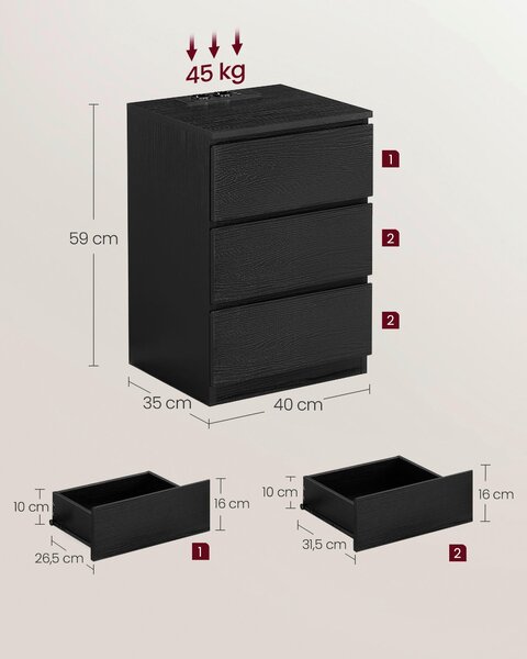 SADA NOČNÍCH STOLKŮ, černá, 40/59/35 cm MID.YOU, Online Only