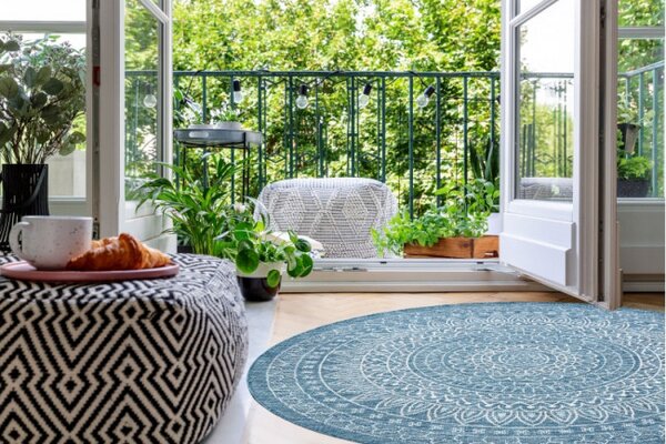Koberec šňůrkový SIZAL LOFT 21207 Rozeta kruh BOHO sloní kost / stříbrný / nebeský