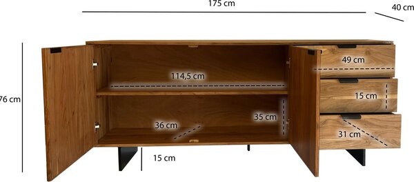 WOHNLING Komoda 175 x 76 x 40 cm z masivního akáciového dřeva s kamenným vzhledem Vysoká moderní komoda se 2 dvířky a 3 zásuvkami