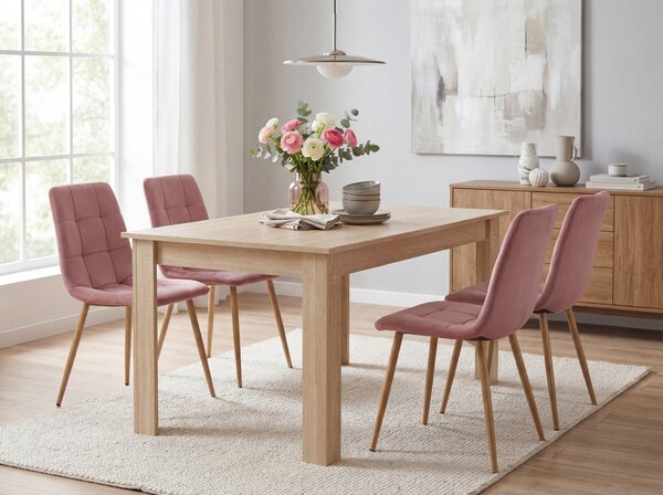 Jídelní set 1 + 4, stůl UMEKO 120x80 cm dub sonoma + růžová sametová židle KARA