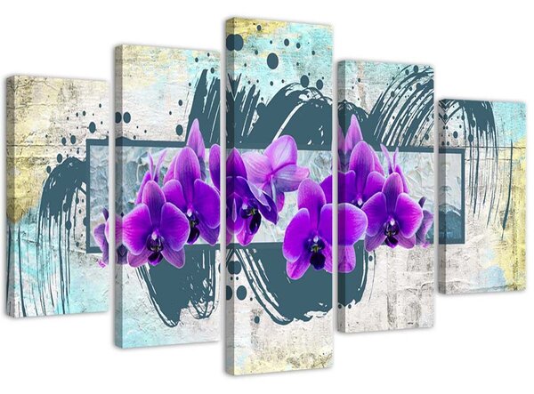 Obraz Fialové květy - 5 dílný Velikost: 100 x 70 cm, Provedení: Obraz na plátně