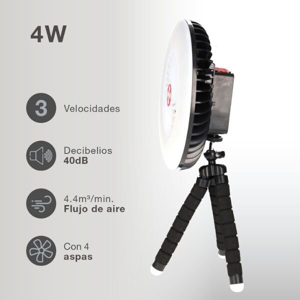Malý ventilátor se světlem, nabíjecí, přenosný, USB, 4W, 3 rychlosti, 250lm, 3 roky záruka