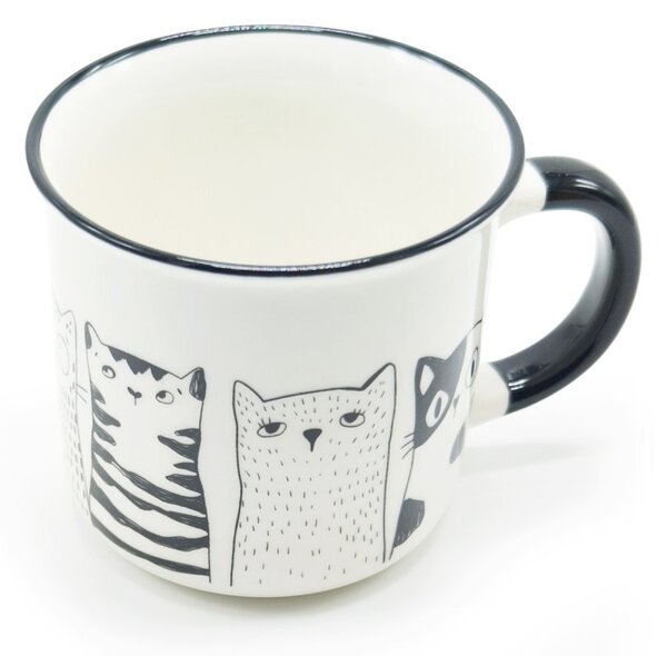 Hrnek ITEM Černobílé kočky, 340 ml, porcelánový hrnek, minimalistický design, na kávu a čaj