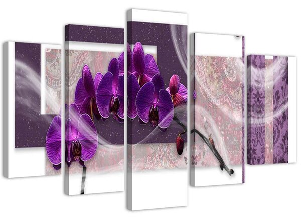 Obraz Fialová orchidej - 5 dílný Velikost: 100 x 70 cm, Provedení: Obraz na plátně