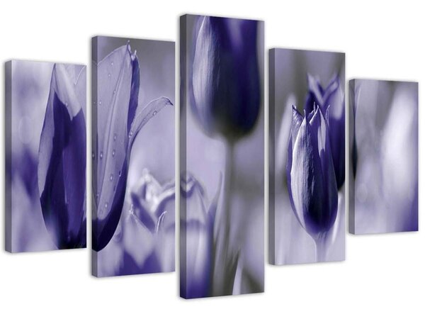Obraz na plátně Fialové tulipány na louce - 5 dílný Rozměry: 100 x 70 cm