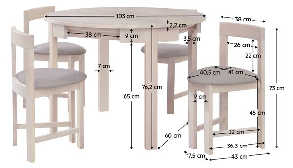 KONDELA Jídelní set 1+4, masivní dřevo, bílá vzor dřevo/sivobéžová, DOMIO
