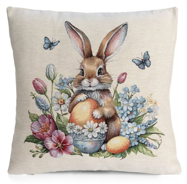 VELIKONOČNÍ GOBELÍNOVÝ DEKORAČNÍ POVLAK NA POLŠTÁŘ BUNNY 45X45 CM VZOROVANÝ