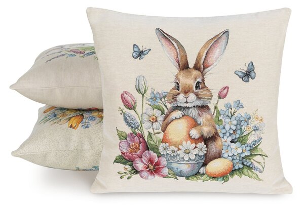VELIKONOČNÍ GOBELÍNOVÝ DEKORAČNÍ POVLAK NA POLŠTÁŘ BUNNY 45X45 CM VZOROVANÝ
