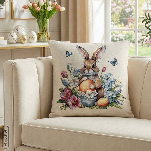 VELIKONOČNÍ GOBELÍNOVÝ DEKORAČNÍ POVLAK NA POLŠTÁŘ BUNNY 45X45 CM VZOROVANÝ