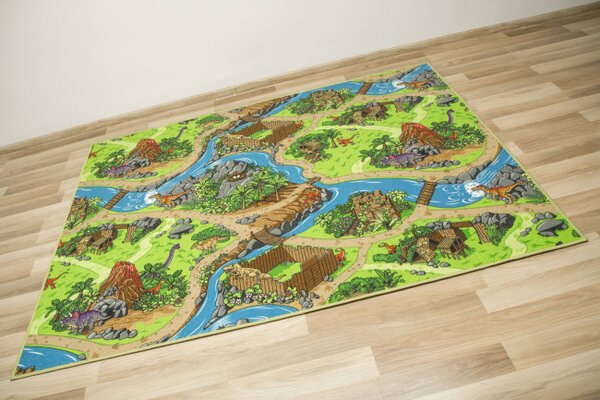 Dětský metrážový koberec Dino vesnice dinosaurů