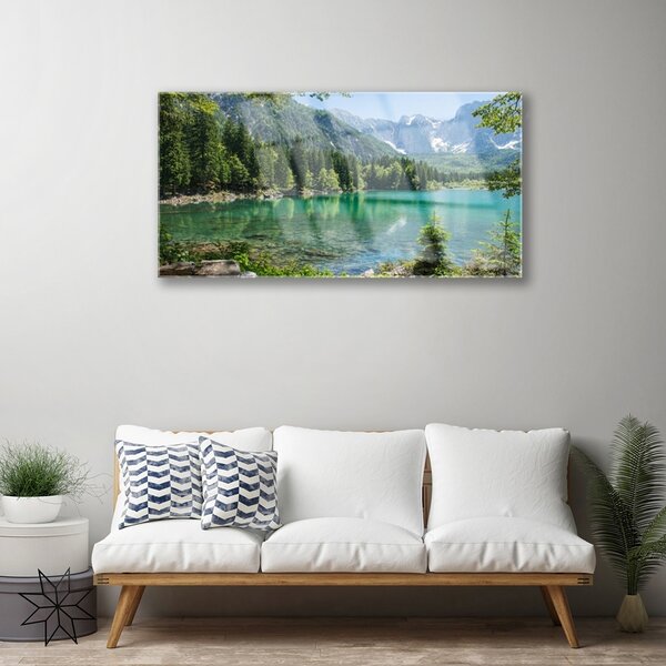 Obraz na skle Hory Jezero Les Příroda 100x50 cm 2 Přívěsky
