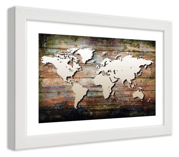 Plakát Mapa světa na starých prknech Barva rámu: Bílá, Rozměry: 100 x 70 cm