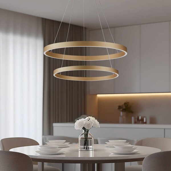 Lucande Smart LED závěsné svítidlo Yonam, zlatá, 2 světla, Tuya, stmívatelný, Mosaz / zlato, Obývací pokoj / jídelna, Hliník, Moderní