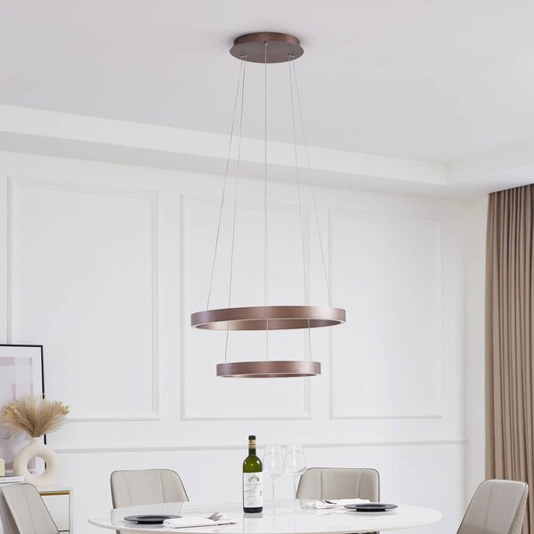 Lucande Smart LED závěsné svítidlo Yonam, káva, 2 světla, Tuya, stmívatelný, Hnědá / rez, Obývací pokoj / jídelna, Hliník, Moderní