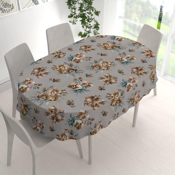 Biante Bavlněný oválný ubrus Sandra SA-622 Hnědé orchideje na šedém 50x100 cm