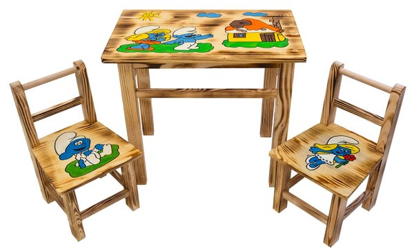 Bestent Dětský dřevěný stolek Šmoulové + 2 židle