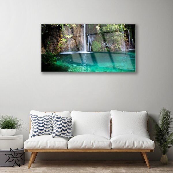Obraz na skle Jezero Vodopád Příroda 100x50 cm 2 Přívěsky