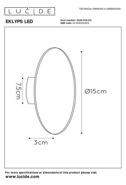Lucide L462010602 LED nástěnné svítidlo EKLYPS | 6W integrovaný LED zdroj | 360lm | 3000K