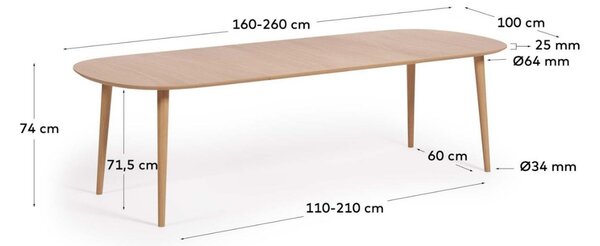 Dubový rozkládací jídelní stůl Kave Home Oqui 160-260 x 100 cm