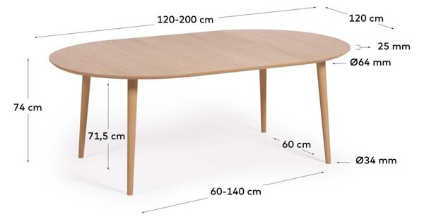 Dubový rozkládací jídelní stůl Kave Home Oqui 120-200 x 120 cm