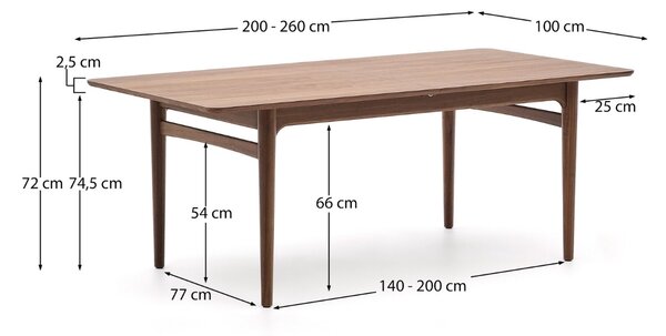 Ořechový rozkládací jídelní stůl Kave Home Elan 200/260 x 100 cm