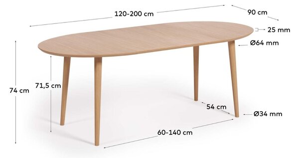 Dubový rozkládací jídelní stůl Kave Home Oqui 120-200 x 90 cm
